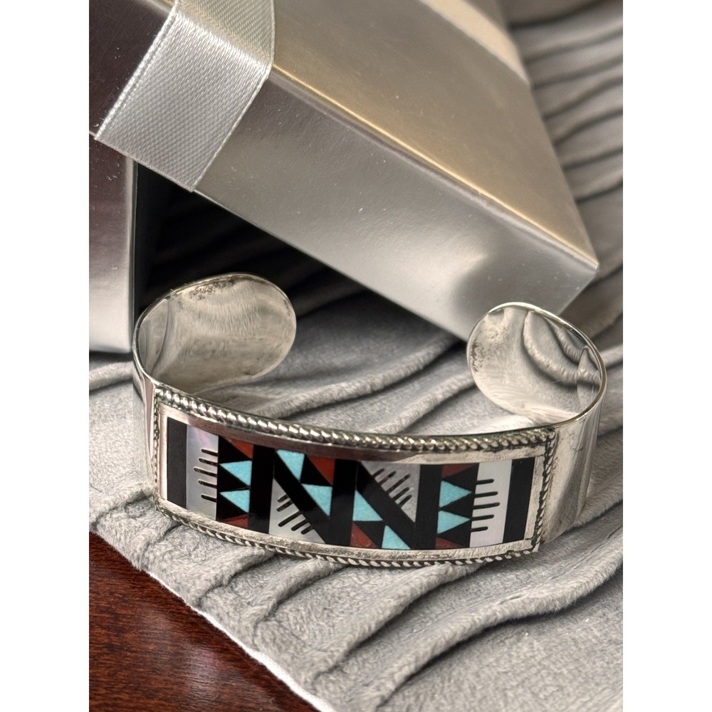 Signed Zuni Leander Lisa Othole SterlingSilver Inlay Cuff Bracelet Turquoise Vtg